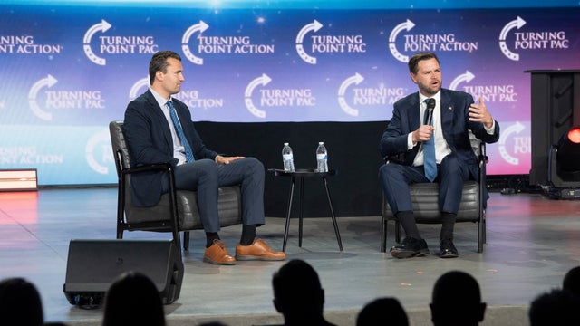 Charlie Kirk moderates a conversation with Vice President JD Vance during Turning Point Action's Chase the Vote campaign event at Generation Church in Mesa, Arizona, on September 4, 2024. 