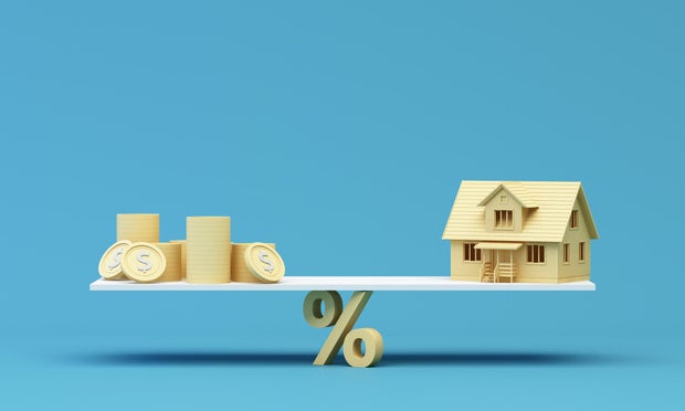 Real estate property investment or insurance. Home mortgage loan rate. Saving money for retirement concept. Coin stack on banknotes with color house model with calculator. 3d rendering illustration 