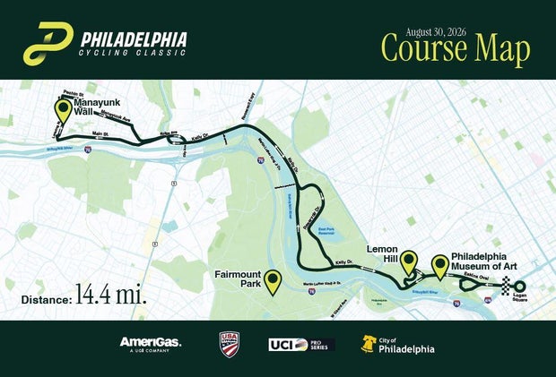 A map of the Philadelphia Cycling Classic, it runs from the Art Museum area to Manayunk, mostly along the Schuylkill River on Kelly Drive