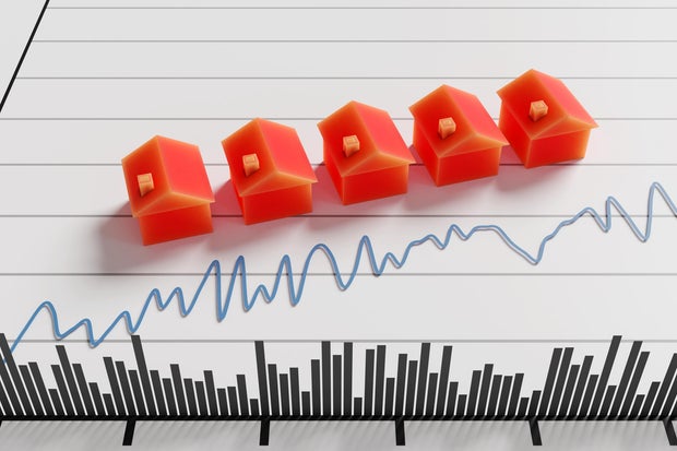 Row of red toy houses on a fluctuating line graph with transaction volumes indicated as bar chart at the bottom. Illustration of the concept of price changes of real estate properties