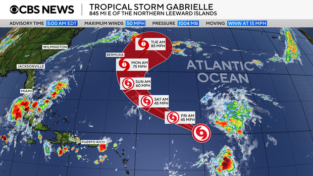 تعرض الخريطة المسار المحتمل للعاصفة الاستوائية غابرييل خلال الأيام القليلة القادمة.