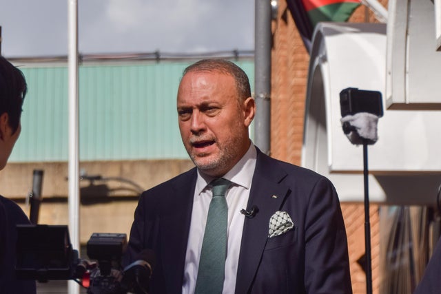 Palestinian ambassador Husam Zomlot speaks to the media 