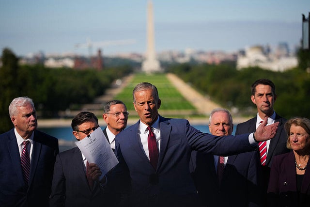 Senate Majority Leader John Thune of South Dakota leads a news conference with House Speaker Mike Johnson of Louisiana and GOP leadership on the Upper West Terrace of the U.S. Capitol in Washington, D.C., on Oct. 1, 2025, after the government shut down. 