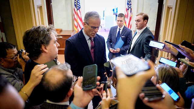 Senate Minority Leader John Thune of South Dakota speaks to reporters at the U.S. Capitol in Washington, D.C., on Oct. 2, 2025. 