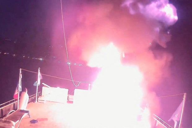 A screen of CCTV shots shows a fire bulletin that struck Alma, a ship of the global Somoud fleet, in the water off the coast of Tunisia, September 9, 2025. 