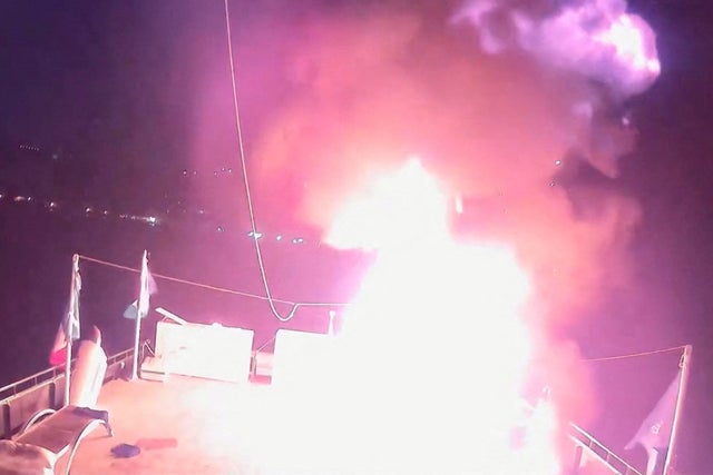 A screengrab from handout CCTV footage shows a fire that struck the Alma, a vessel of the Global Sumud Flotilla, in the waters off the coast of Tunisia, Sept. 9, 2025.