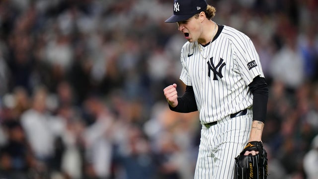 Cam Schlittler #31 of the New York Yankees reacts after the final out in the eighth inning during Game Three of the American League Wild Card Series between the Boston Red Sox and the New York Yankees at Yankee Stadium on Thursday, October 2, 2025 in New 