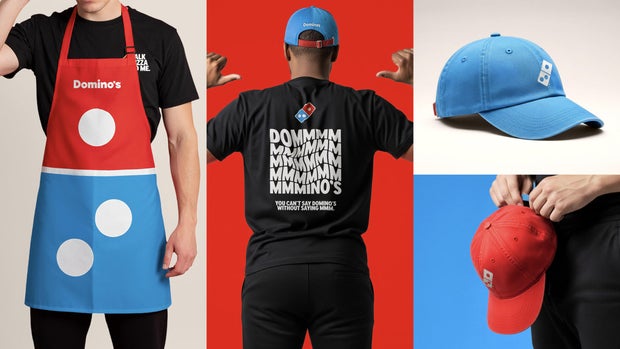 New Domino's branded T-shirts, aprons and hats for store employees. 