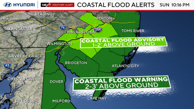 Coastal flood warning along Jersey Shore and in Delaware; coastal flood advisory farther inland in South Jersey 