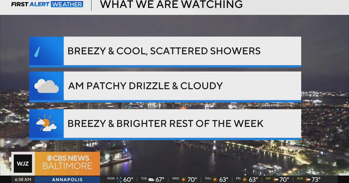 Breezy, cool scattered showers Monday - CBS Baltimore