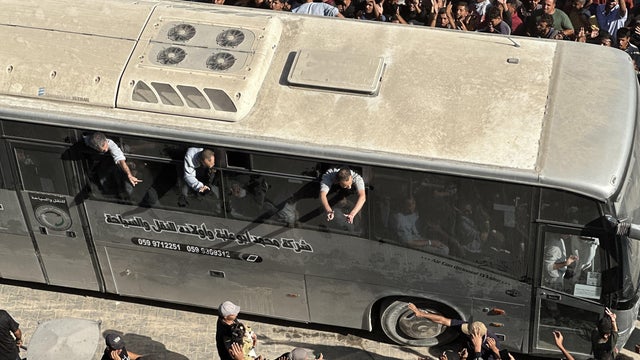 Palestinians released in prisoner-hostage exchange arrive in Khan Yunis 
