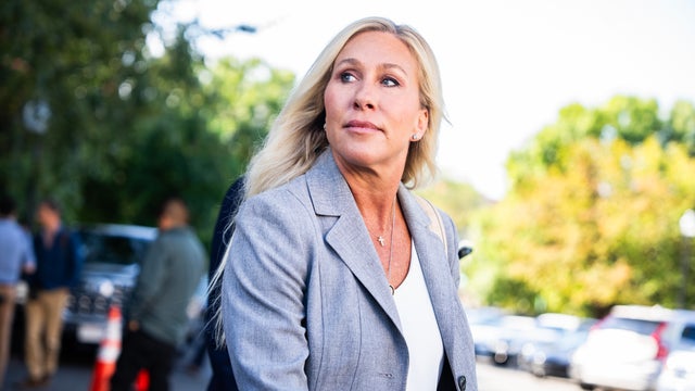 Rep. Marjorie Taylor Greene talks with reporters after a meeting of the House Republican Conference at the Capitol Hill Club on Tuesday, September 9, 2025. 