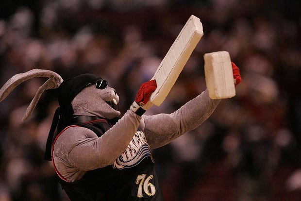 The Sixers mascot Hip-Hop is pictured during a game in 2005 