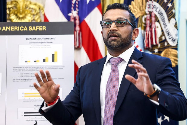 FBI Director Kash Patel speaks during a news conference in the Oval Office of the White House in Washington, D.C., on Oct. 15, 2025. 