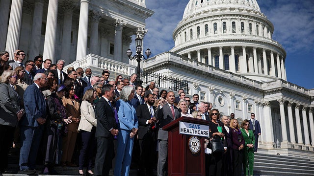 House Minority Leader Hakeem Jeffries of New York speaks at a news conference on the government shutdown outside the U.S. Capitol in Washington, D.C., on Oct. 15, 2025. 