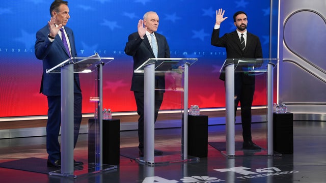 From left, Independent candidate former New York Gov. Andrew Cuomo, Republican candidate Curtis Sliwa and Democratic candidate Zohran Mamdani participate in a mayoral debate, Thursday, Oct. 16, 2025, in New York. 