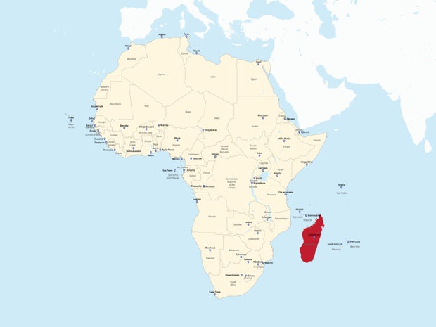 National map of MADAGASCAR inside African continent 