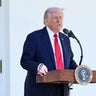 President Trump delivers remarks during a luncheon in the Rose Garden of the White House on Oct. 21, 2025. 