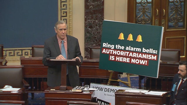 Sen. Jeff Merkley addresses the Senate on Wednesday, Oct. 22, 2025. 