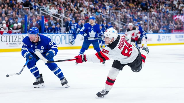 Jack Hughes #86 of the New Jersey Devils scores a goal during the second period against the Toronto Maple Leafs at the Scotiabank Arena on October 21, 2025 in Toronto, Ontario, Canada. 