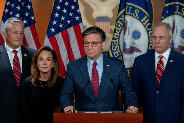 Rep. Bruce Westerman of Arkansas, Rep. Lisa McClain of Michigan, House Speaker Mike Johnson of Louisiana and Rep. Steve Scalise of Louisiana attend a news conference at the U.S. Capitol in Washington, D.C., on Oct. 22, 2025.