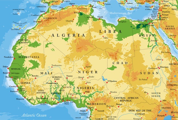 Northern and western Africa highly detailed physical map 