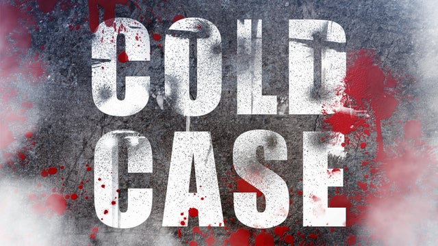 The word cold case against a concrete floor with old blood splatter and fog or smoke. Criminal investigation case title. 