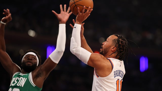 Jalen Brunson #11 of the New York Knicks shoots against Neemias Queta #88 of the Boston Celtics in the first quarter at Madison Square Garden on October 24, 2025 in New York City.