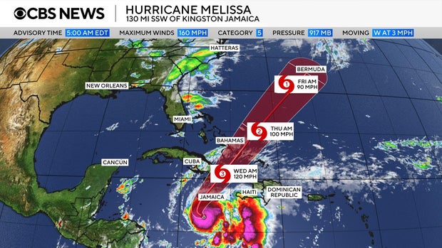 Map shows the forecast path for Hurricane Melissa