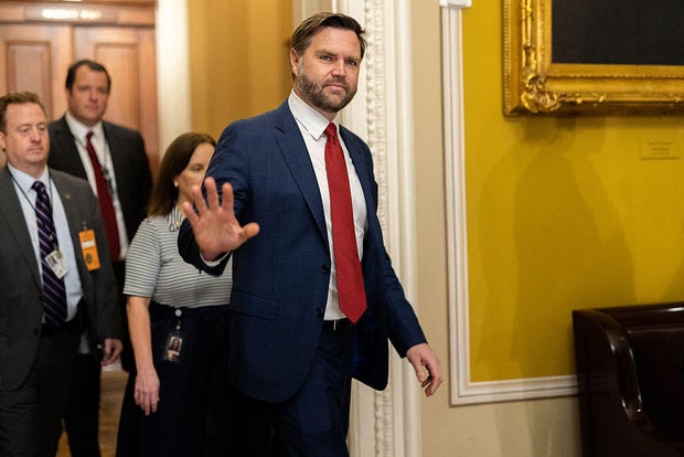 Vice President J.D. Vance arrives for a Senate Republican policy luncheon in Washington, D.C., on Oct. 28, 2025.