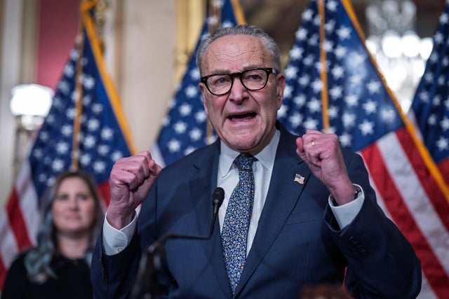 Senate Minority Leader Chuck Schumer of New York criticizes Republicans' health care policies at a news conference at the Capitol in Washington, D.C., on Oct. 29, 2025.