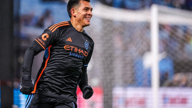 Alonso Martínez #16 of New York City FC reacts after scoring a goal during the first half of a soccer match against Charlotte FC at Bank of America Stadium on October 28, 2025 in Charlotte, North Carolina.
