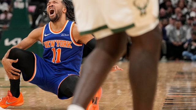 Jalen Brunson #11 of the New York Knicks reacts against the Milwaukee Bucks during the fourth quarter at Fiserv Forum on October 28, 2025 in Milwaukee, Wisconsin.