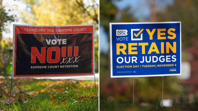 Yard signs for and against retaining three Pennsylvania Supreme Court justices