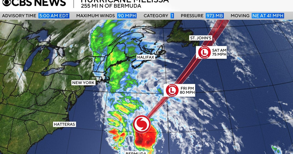 Hurricane Melissa hurrying away from Bermuda. Maps show its forecast path.