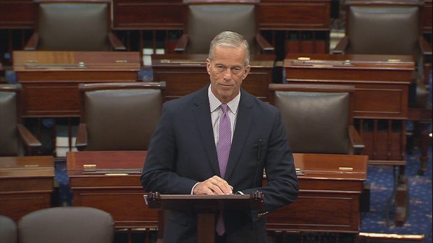 Senate Majority Leader John Thune speaks on the Senate floor on Monday, Nov. 3, 2025. 