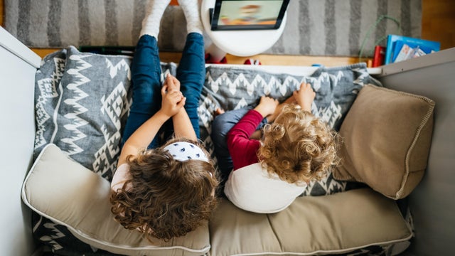 Aerial View Of Two Young Siblings Watching Program Together 