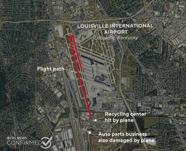 A map shows the path taken by a UPS plane before it crashed in Louisville, Kentucky, Nov. 4, 2025.