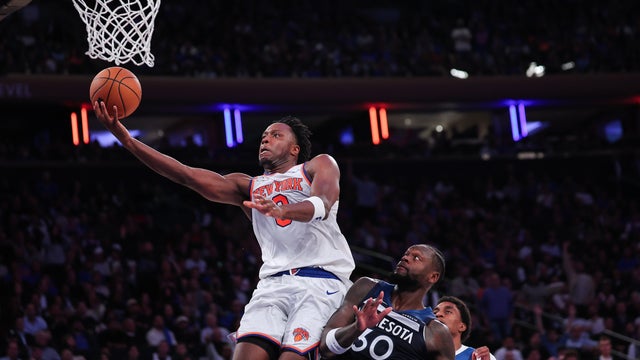 OG Anunoby #8 of the New York Knicks attempts a layup during the third quarter of the game against the Minnesota Timberwolves at Madison Square Garden on November 05, 2025 in New York City. 