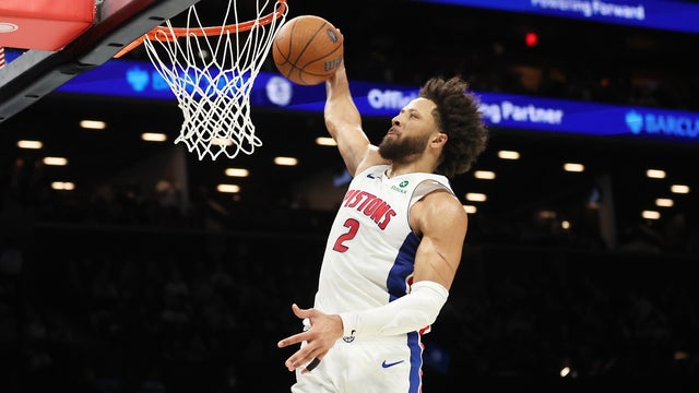 Detroit Pistons guard Cade Cunningham dunks during the second half of an NBA Cup basketball game against the Brooklyn Nets, Friday, Nov. 7, 2025, in New York. 