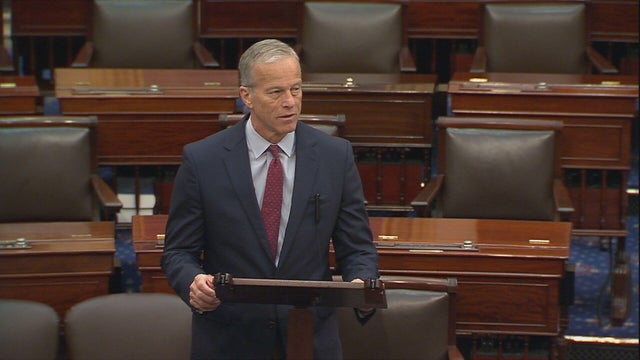 Senate Majority Leader John Thune speaks on the Senate floor on Saturday, Nov. 8, 2025. 