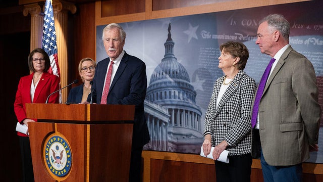 Sen. Angus King of Maine speaks at a press conference with Senate Democrats in Washington, D.C., on Nov. 9, 2025. 