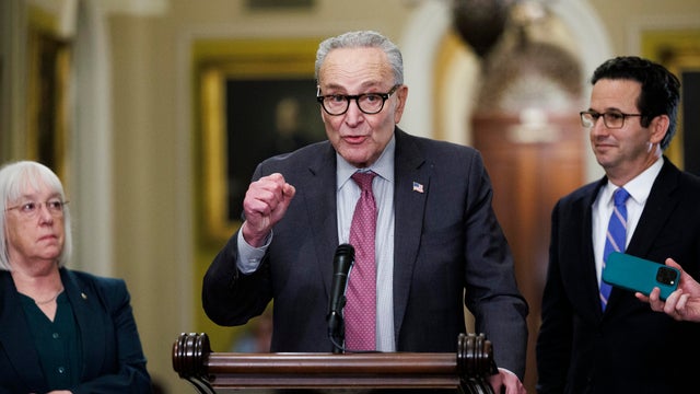Senate Minority Leader Chuck Schumer, flanked by Sens. Patty Murray and Brian Schatz, speaks to reporters at the weekly Senate policy luncheon news conference on Nov. 4, 2025 on Capitol Hill in Washington, D.C. 