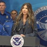 Homeland Security Secretary Kristi Noem speaks at a press conference in Houston on Thursday, Nov. 13, 2025. 