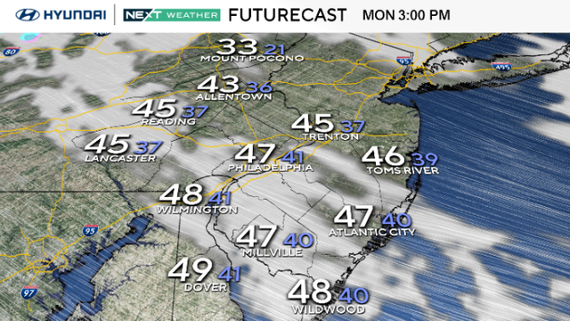Monday 3 p.m. weather map, some clouds, temperatures in the mid to upper 40s in most of the area, 33 at Mount Pocono 