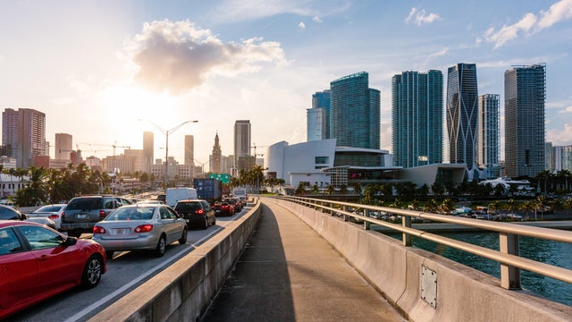 Miami Downtown skyline seen from a highway, Florida, USA 