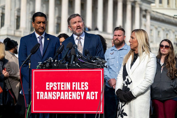 Reps. Ro Khanna of California, Thomas Massie of Kentucky and Marjorie Taylor Greene of Georgia speak at a press conference on the Epstein Files Transparency Act at the U.S. Capitol in Washington, D.C., on Nov. 18, 2025. 