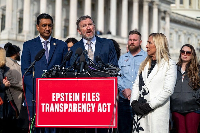 Reps. Ro Khanna of California, Thomas Massie of Kentucky and Marjorie Taylor Greene of Georgia speak at a press conference on the Epstein Files Transparency Act at the U.S. Capitol in Washington, D.C., on Nov. 18, 2025. 