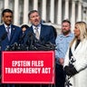 Reps. Ro Khanna of California, Thomas Massie of Kentucky and Marjorie Taylor Greene of Georgia speak at a press conference on the Epstein Files Transparency Act at the U.S. Capitol in Washington, D.C., on Nov. 18, 2025. 