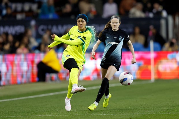Trinity Rodman #2 of Washington Spirit kicks the ball during the NWSL Championship 2025 final between Washington Spirit and NJ/NY Gotham FC at PayPal Park on November 22, 2025 in San Jose, California. 